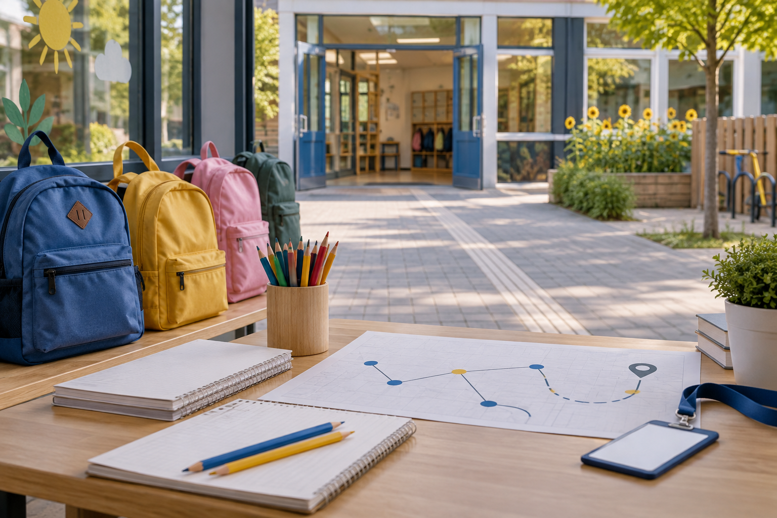 School bags prepared beside a route to school after relocation